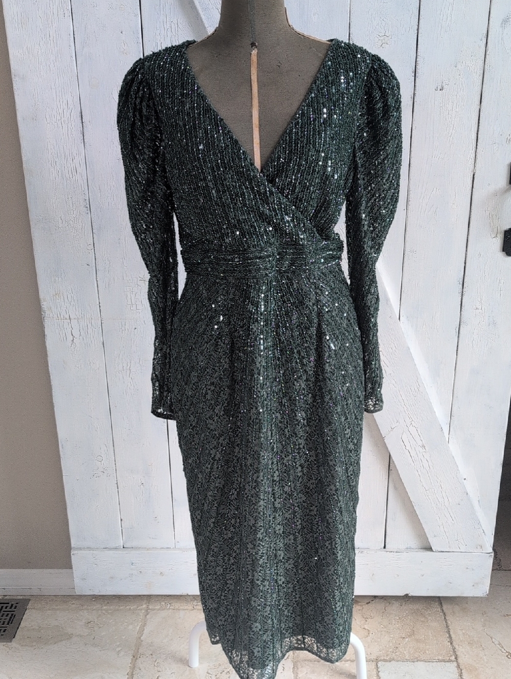 Mac Duggal SZ 12 Dark Green Sequin &Lace Long Sleeve Midi Dress